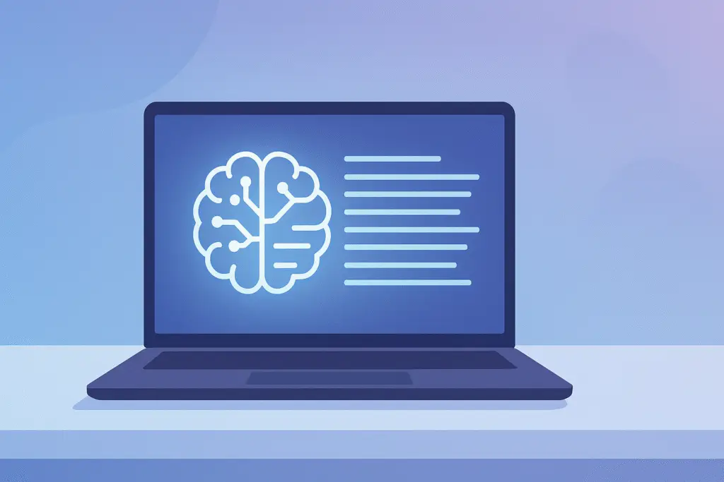 Minimalist 16 × 9 illustration of a sleek open laptop on a light blue desk, its screen glowing with a stylized neural-network brain icon that fades into horizontal text lines, set against a soft blue-to-violet gradient background with subtle abstract shapes.