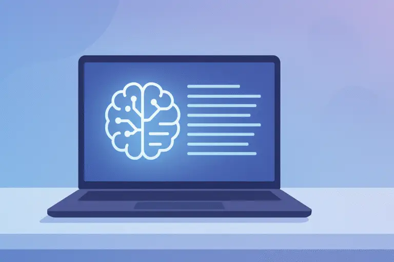 Minimalist 16 × 9 illustration of a sleek open laptop on a light blue desk, its screen glowing with a stylized neural-network brain icon that fades into horizontal text lines, set against a soft blue-to-violet gradient background with subtle abstract shapes.