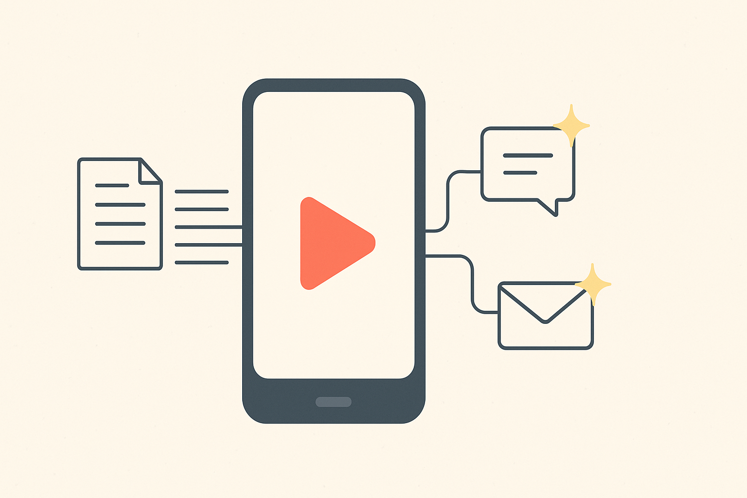 Illustration of a smartphone with a red play button on screen, with lines extending to icons of a document, chat bubble, and envelope, symbolizing AI-driven content repurposing from video transcripts.