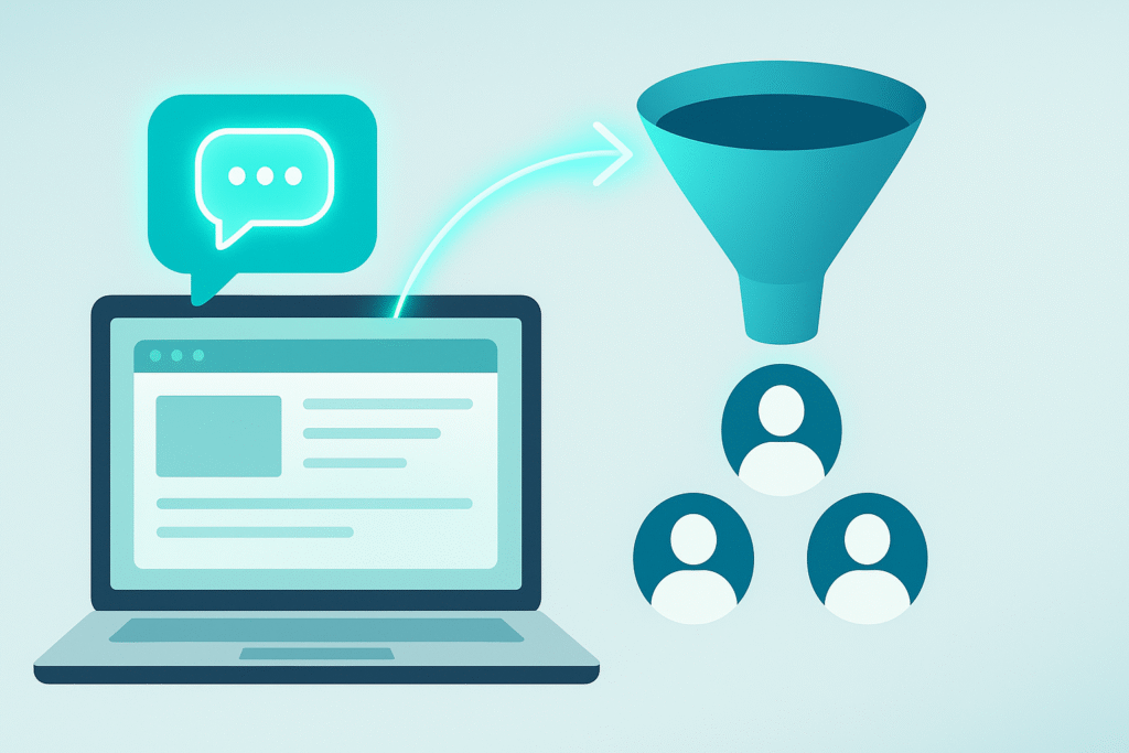 Illustration of a laptop with a chat bubble leading into a funnel that outputs three user icons, representing AI chatbot-driven lead generation.