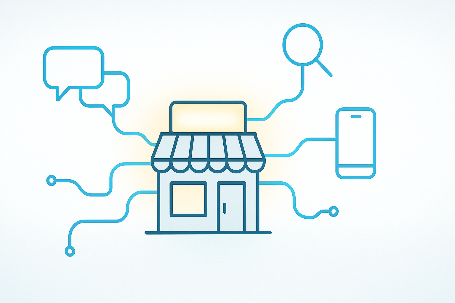 Minimalist illustration of a small storefront with glowing sign, connected by blue circuit lines to icons of a chat bubble, search magnifier, and smartphone on a light gradient background