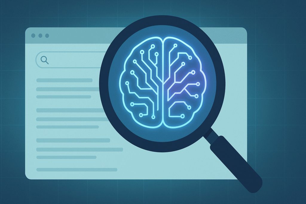 Magnifying glass over browser window highlighting a glowing circuit-brain symbolizing AI's influence on search