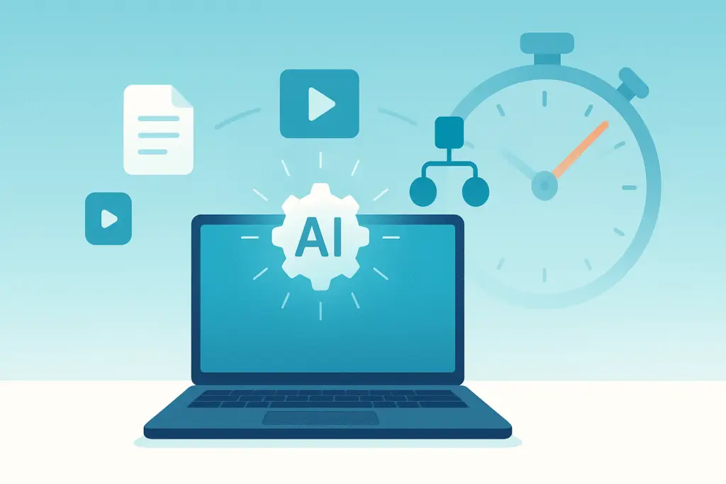 Illustration of a laptop with an AI gear icon on the screen, surrounded by document, video, and flowchart icons, with a stopwatch in the background suggesting speed and automation