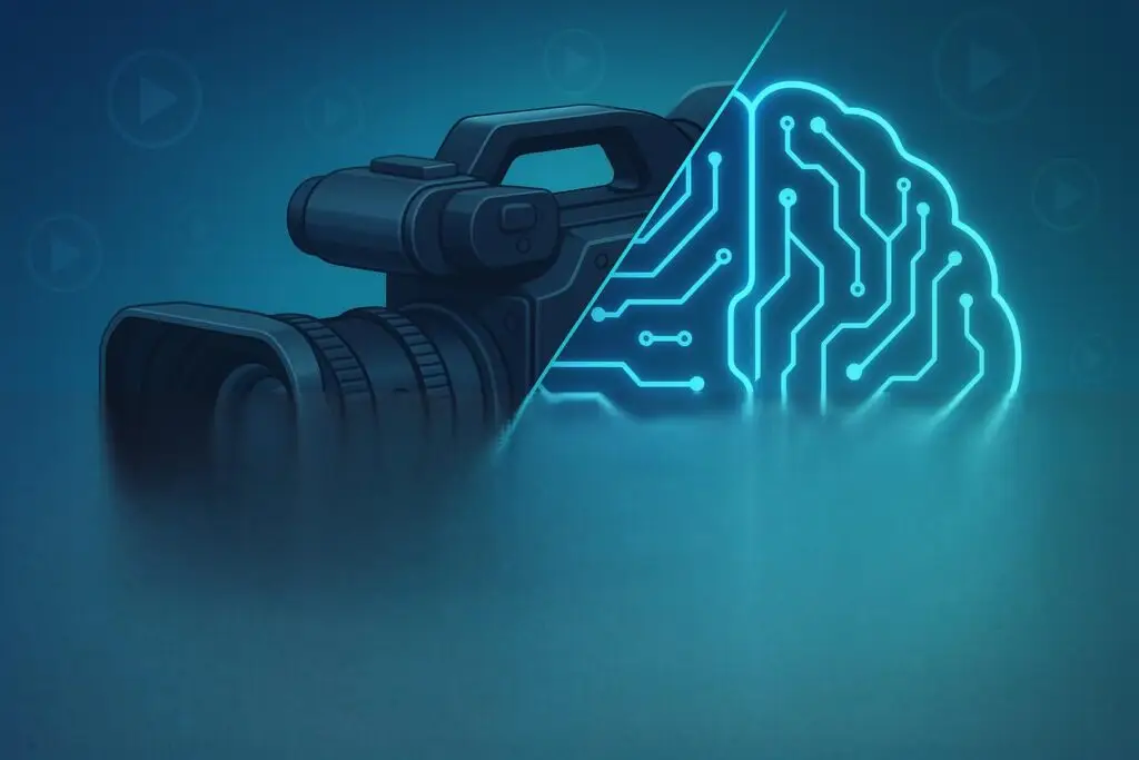 Illustration of a video camera split diagonally with one half as a traditional camera and the other half as a glowing AI brain made of circuit lines, set against a blue-teal gradient background with play icons