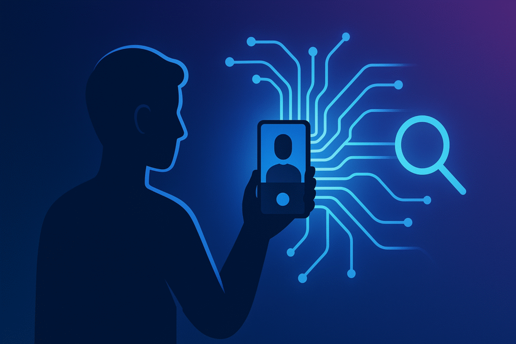 Minimalist illustration of a person recording themselves on a smartphone with glowing circuit lines flowing into a search icon on a dark blue-to-purple gradient background
