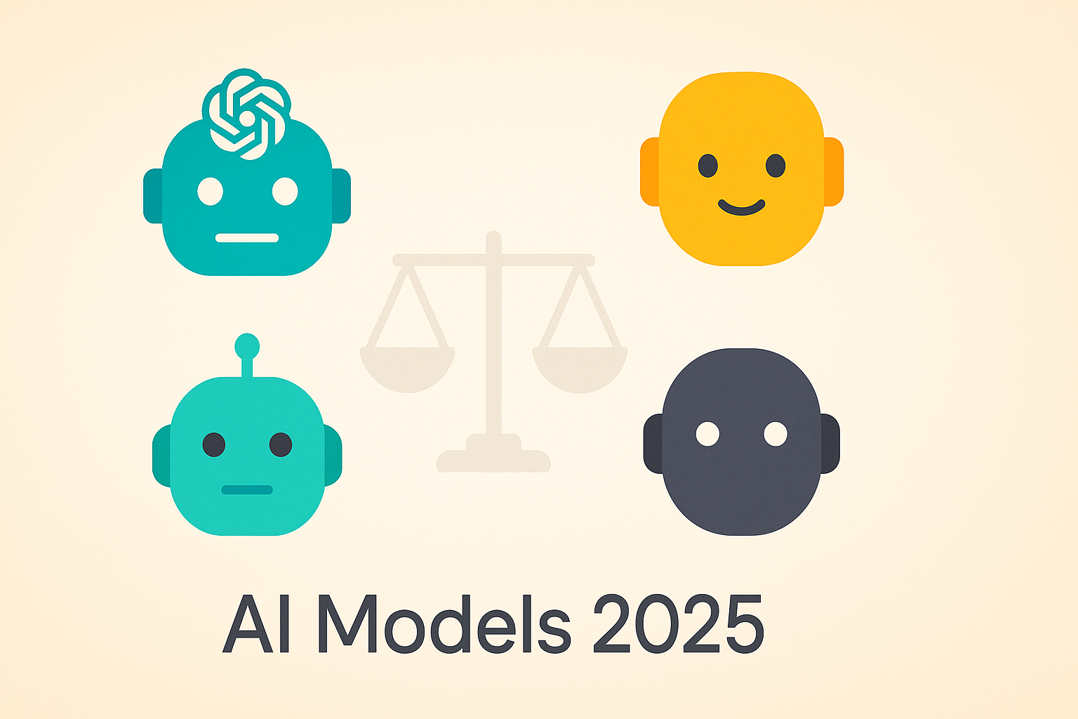 Illustration of four distinct robot head icons representing AI models, positioned around a faint balance scale, with ‘AI Models 2025’ text below on a light gradient background.