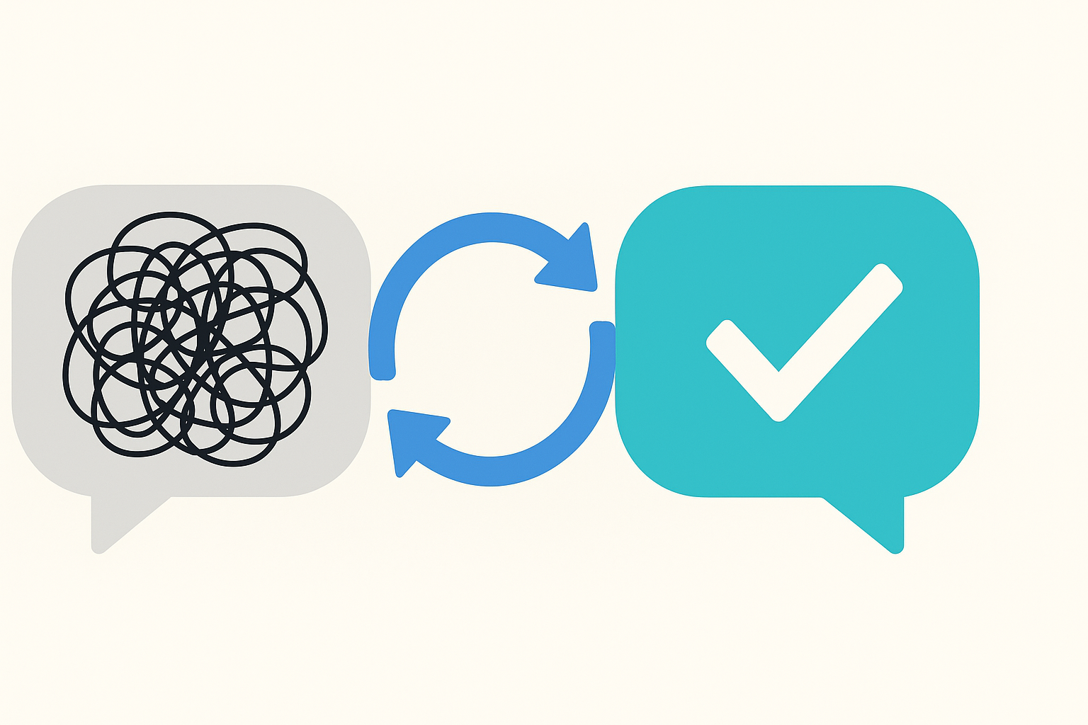 Illustration of chat bubbles showing transformation from confusion to clarity with a refresh arrow between them