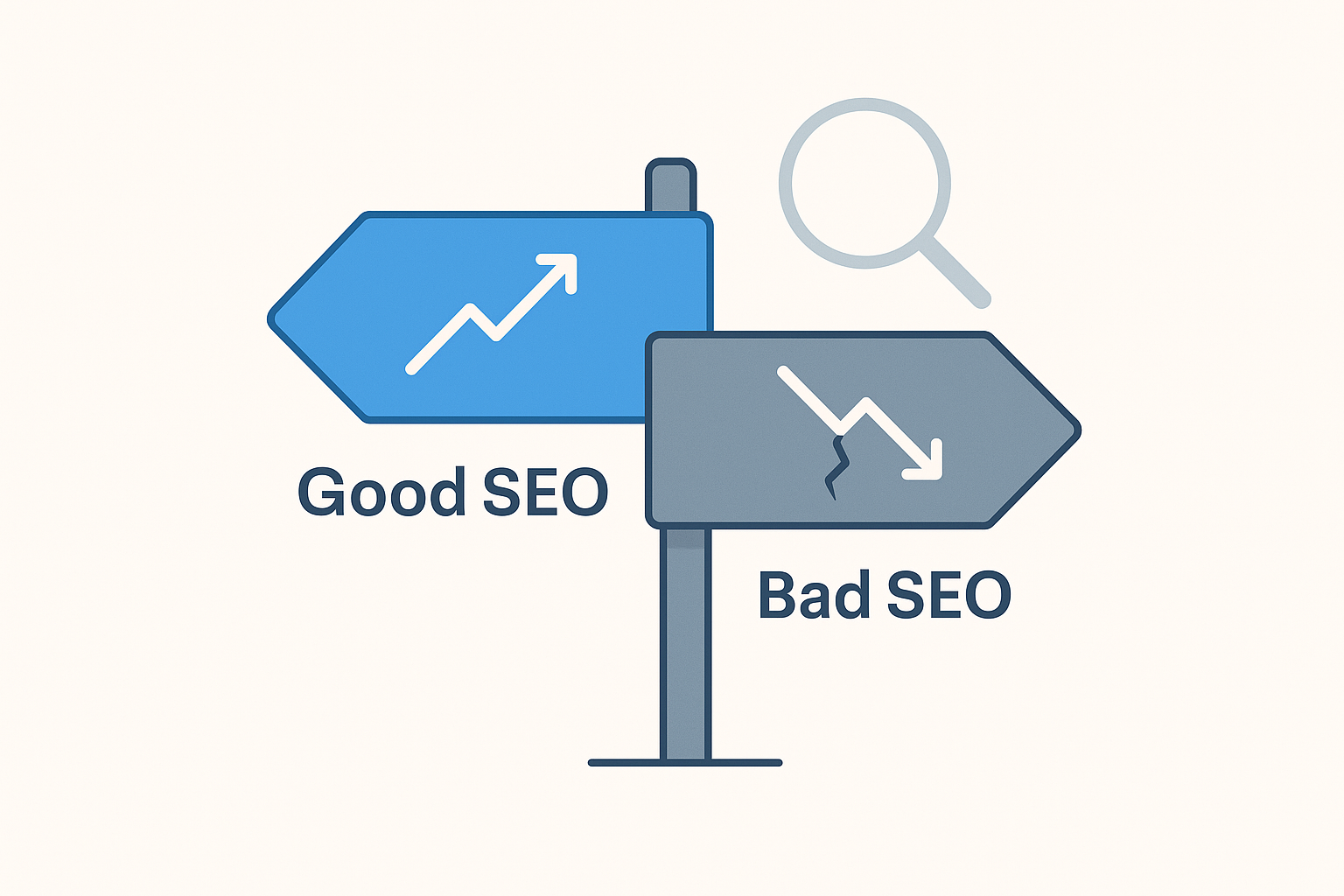 Flat illustration of a forked road sign on a light background—left blue arrow labeled “Good SEO” with an upward-trending line, right gray arrow labeled “Bad SEO” with a cracked downward-trending line—and a magnifying glass hovering above to suggest evaluation