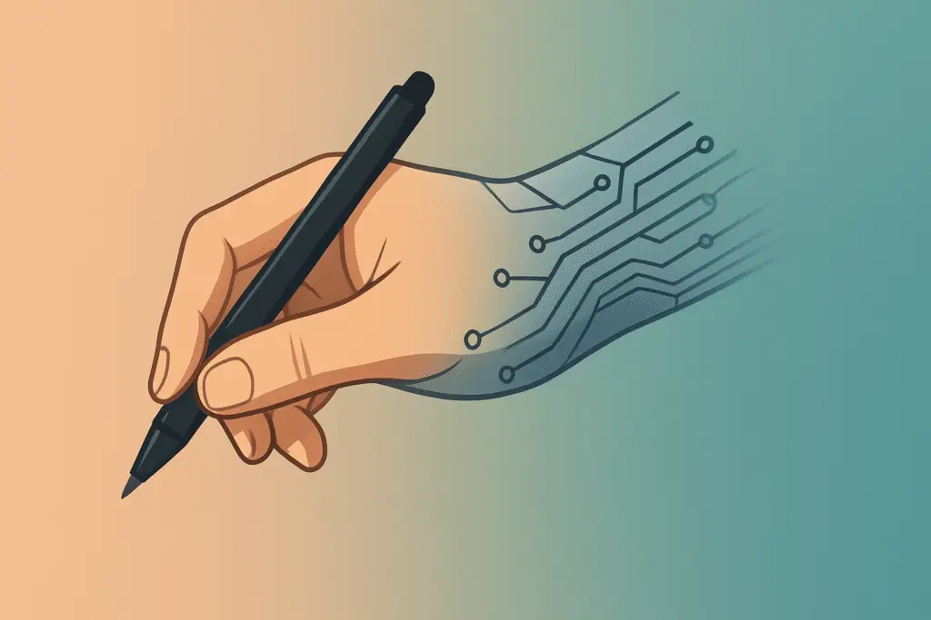 Illustration of a hand transitioning from human skin on the left to robotic circuitry on the right, holding a pen, against a warm peach to cool teal gradient background
