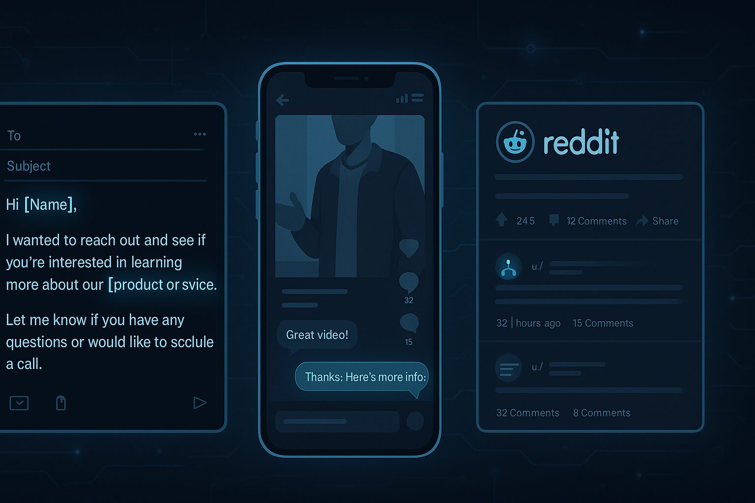 Digital interface with three panels showing AI-generated email personalization, a chatbot responding on a short-form video, and a Reddit thread with subtle AI bot indicators, all connected by glowing lines on a dark tech background.