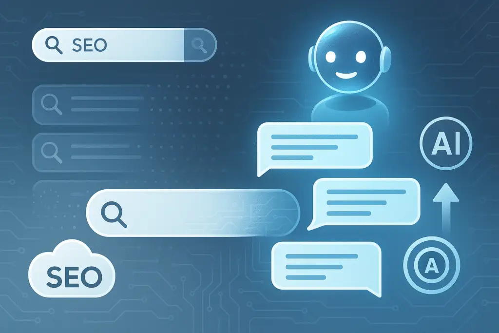 Illustration showing the transition from traditional SEO search results to an AI assistant delivering direct answers