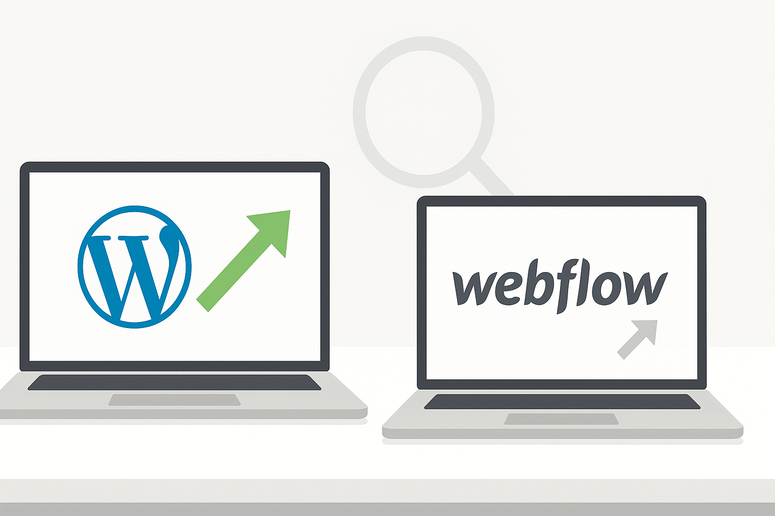 Two laptops comparing WordPress and Webflow SEO performance with upward arrows and a magnifying glass icon