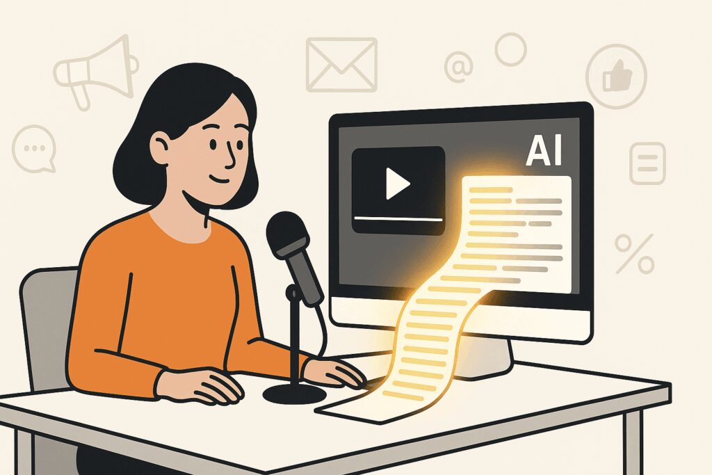 Illustration of a small business owner speaking into a microphone at a desk while AI-generated content flows from a video on a computer screen, with marketing icons in the background.
