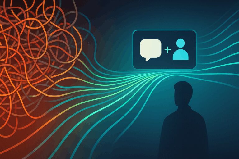 Tangled red and orange cables on the left transition into smooth blue and green lines on the right, symbolizing a shift from complex automation to streamlined AI workflows with human oversight.