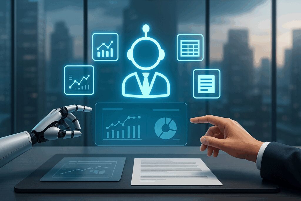 A robotic and human hand interacting with a holographic digital assistant interface in a futuristic office, with charts and document icons floating above a sleek desk.