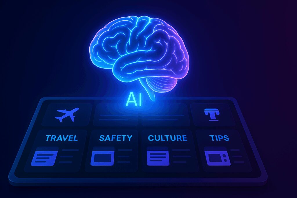 Illustration of a glowing AI brain above a digital screen segmented into labeled clusters: Travel, Safety, Culture, and Tips.