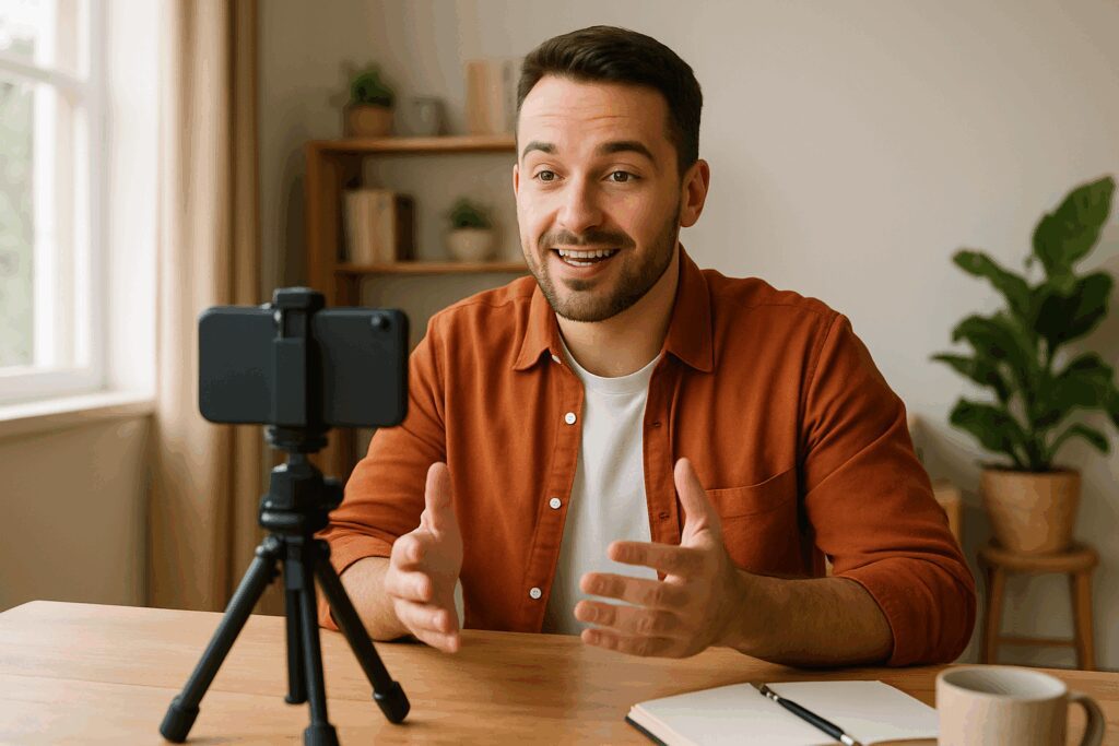 Small business owner recording a video on smartphone at desk in a bright, tidy home office.