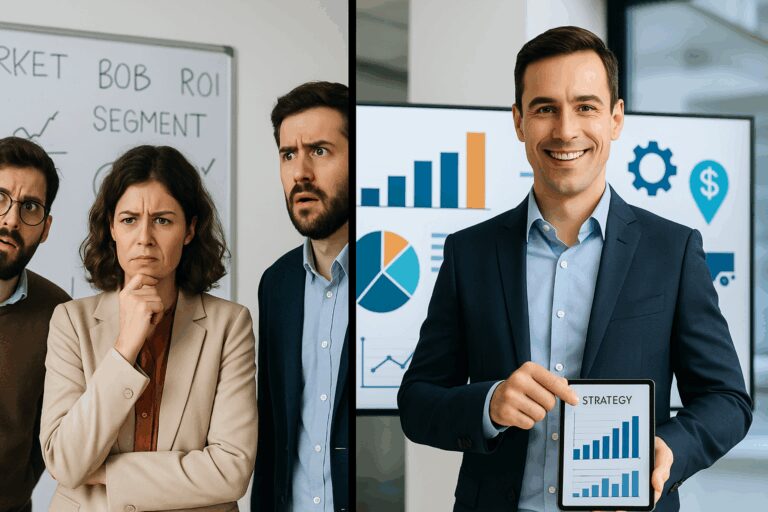 Split-screen image showing a confused marketing team on the left in front of a whiteboard with jargon, and a confident marketer on the right presenting a clear strategy with industry-specific charts.