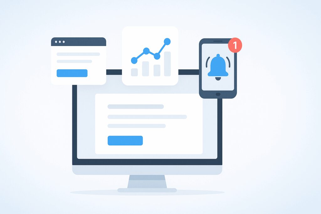 Minimalist illustration of a digital dashboard on a monitor with floating icons representing a website, analytics chart, and smartphone notification.