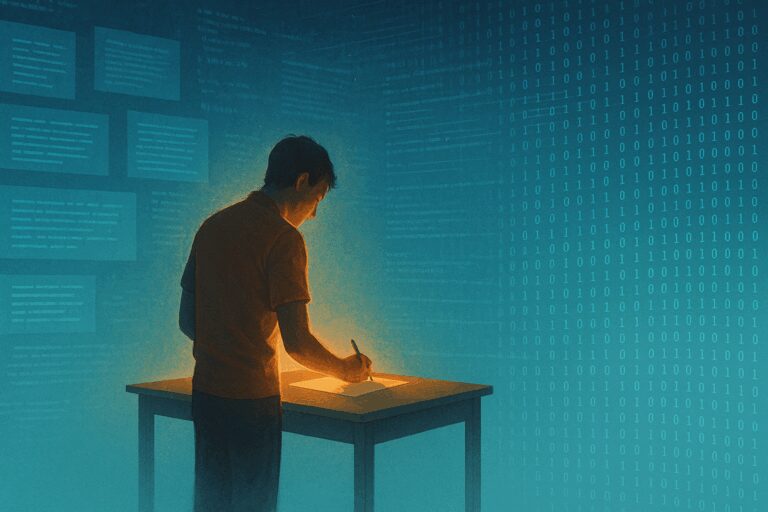 A person writing at a desk illuminated by warm light, with a digital background of binary code and text panels fading into the distance.