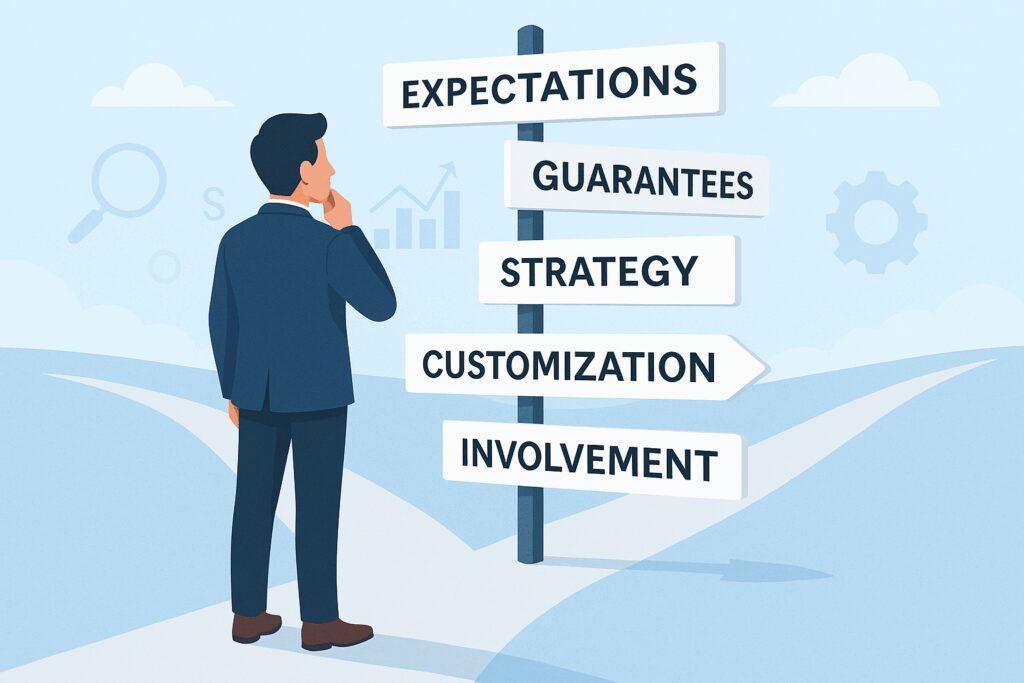 Illustration of a business owner at a crossroads with signposts labeled Expectations, Guarantees, Strategy, Customization, and Involvement, set against a backdrop of SEO-related icons.