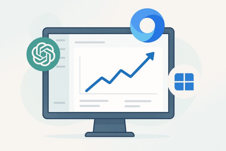 Website analytics dashboard with rising traffic chart and AI platform icons for ChatGPT, Google Gemini, and Microsoft Copilot surrounding the screen.