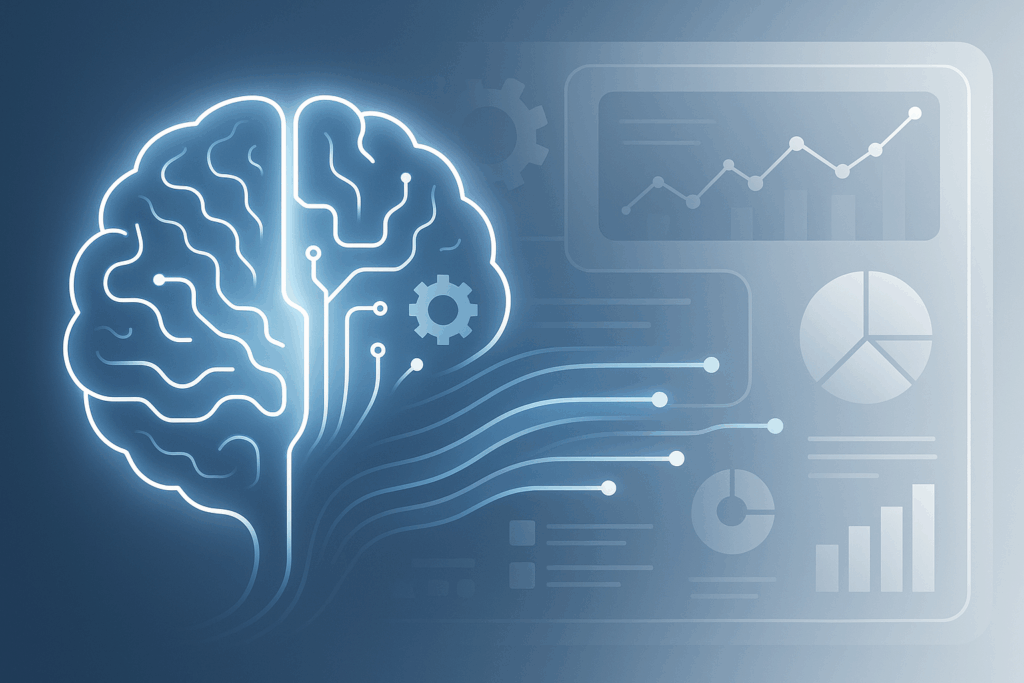 Digital illustration of a glowing AI brain connected to data streams and business icons, including charts and graphs, representing AI-driven decision-making in a modern blue-toned interface