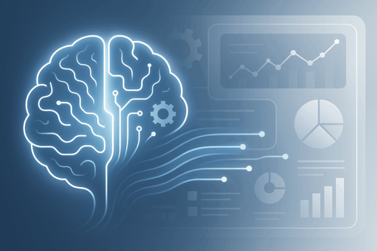 Digital illustration of a glowing AI brain connected to data streams and business icons, including charts and graphs, representing AI-driven decision-making in a modern blue-toned interface