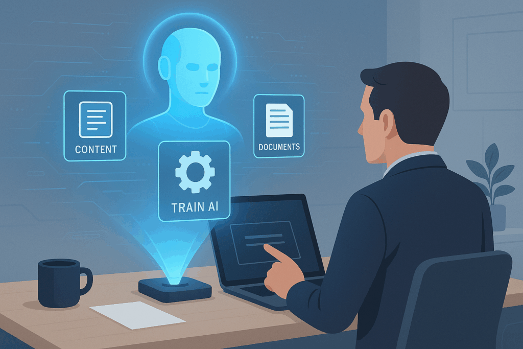 A man in a suit interacts with a holographic AI assistant at a modern desk, selecting a "Train AI" icon among floating options like "Content" and "Documents" in a sleek, tech-driven office environment.