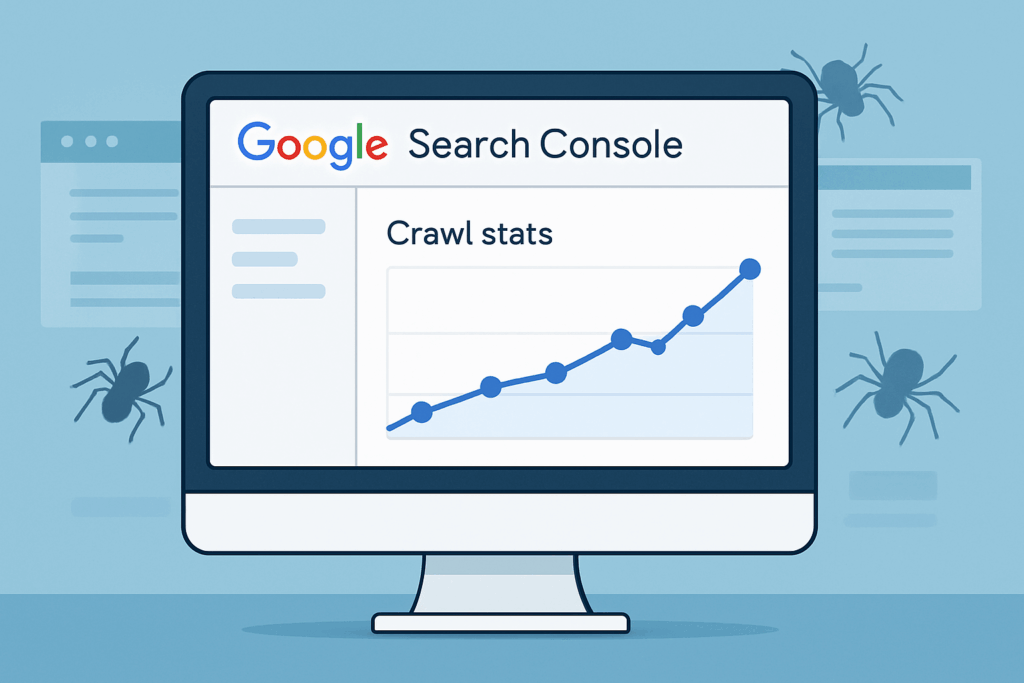 Computer screen displaying Google Search Console with a rising crawl stats graph, surrounded by silhouettes of crawling spiders on abstract web pages.
