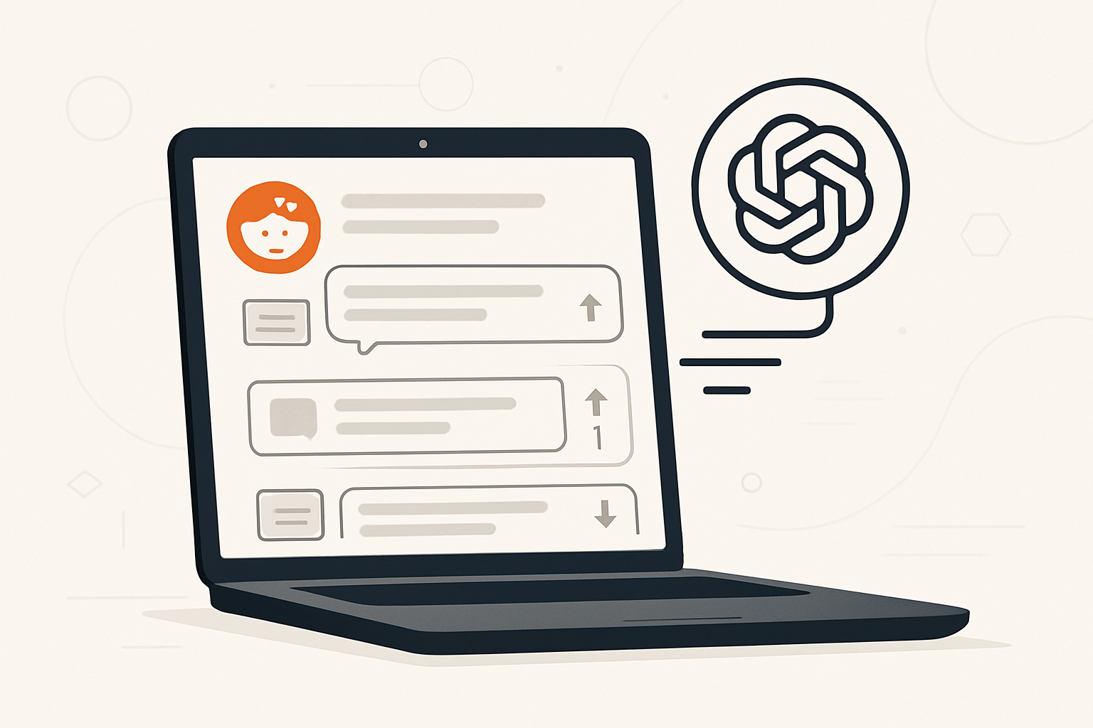 Illustration of a laptop displaying a Reddit discussion thread with a floating AI icon resembling ChatGPT beside it, set against a minimal tech-themed background.