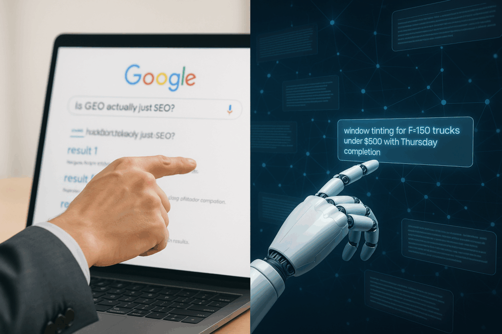 Split-screen image showing a human hand pointing at a Google search on a laptop with the query "Is GEO actually just SEO?" on the left, and a robotic AI hand interacting with a digital interface displaying a complex search query on the right.