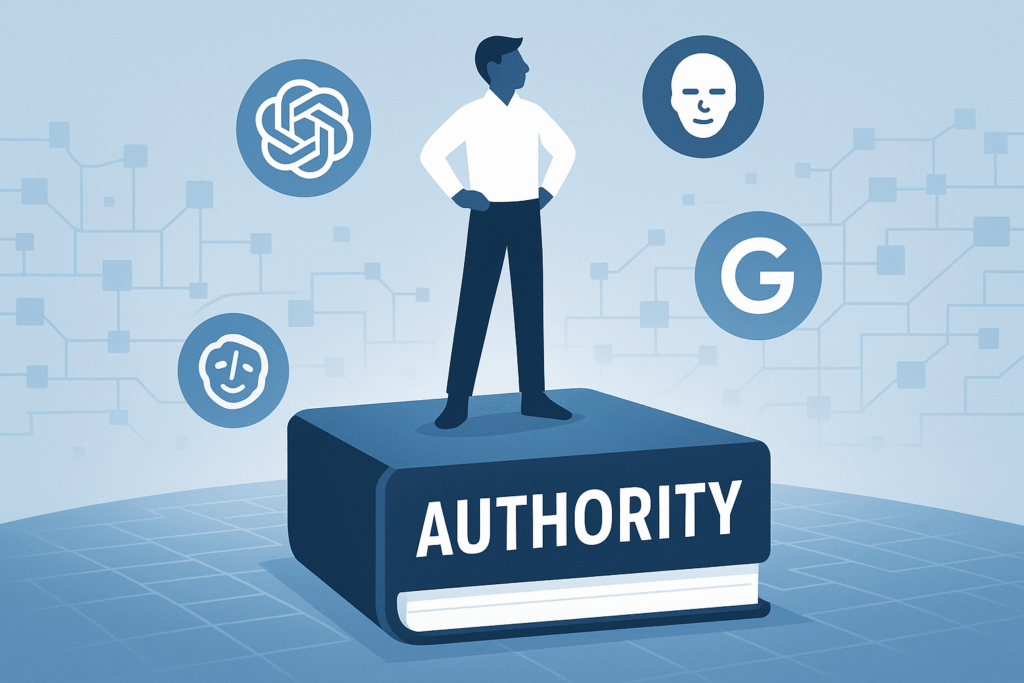Illustration of a person standing confidently on a large book labeled "AUTHORITY," surrounded by icons for ChatGPT, Claude, and Gemini, with a digital network background.