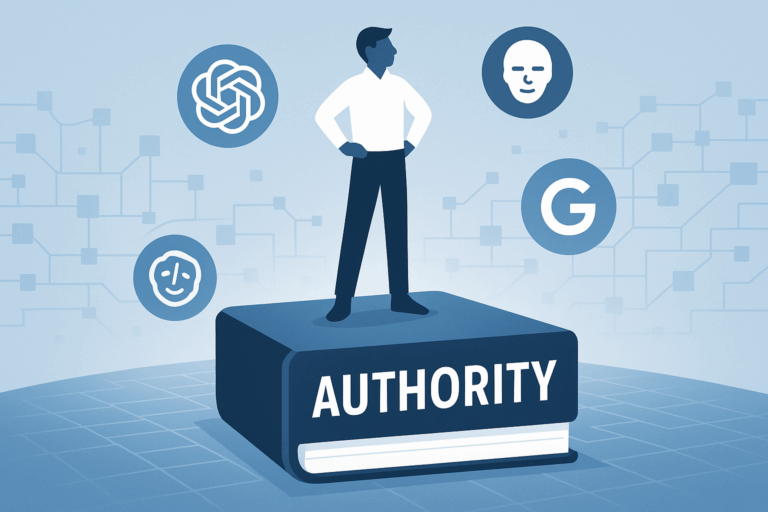 Illustration of a person standing confidently on a large book labeled "AUTHORITY," surrounded by icons for ChatGPT, Claude, and Gemini, with a digital network background.