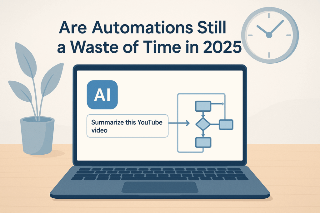 Illustration of a laptop on a desk showing an AI interface that turns a simple prompt into an automation flow, with a clock and plant in the background.