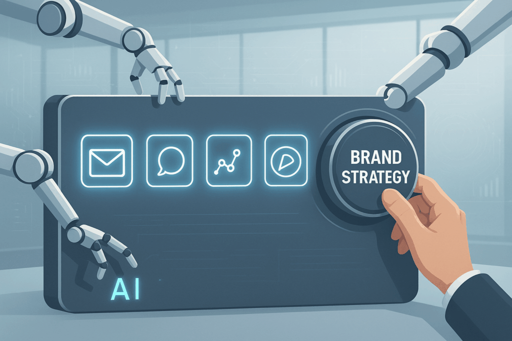 Robotic arms managing marketing icons on a digital control panel while a human hand adjusts a large dial labeled "Brand Strategy" in a modern office setting.