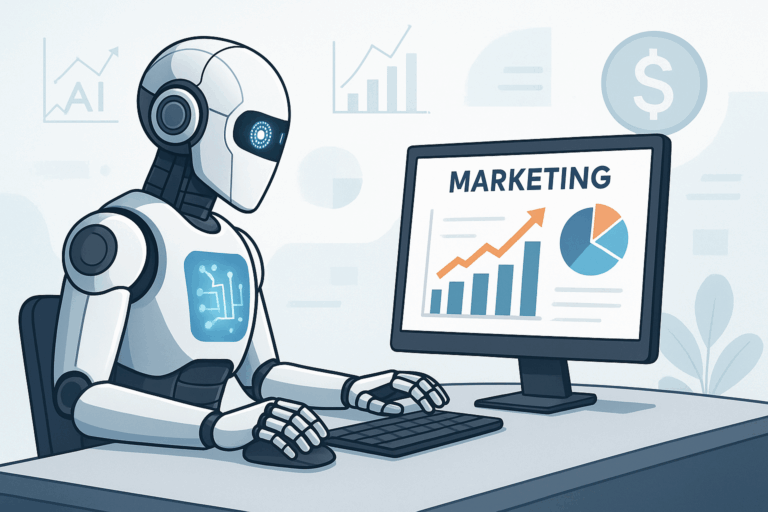 A futuristic robot analyzing marketing data on a computer screen with charts and dollar icons in the background.