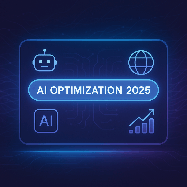 Futuristic digital dashboard with AI icons and a glowing search bar labeled "AI Optimization 2025" on a dark neural network background.
