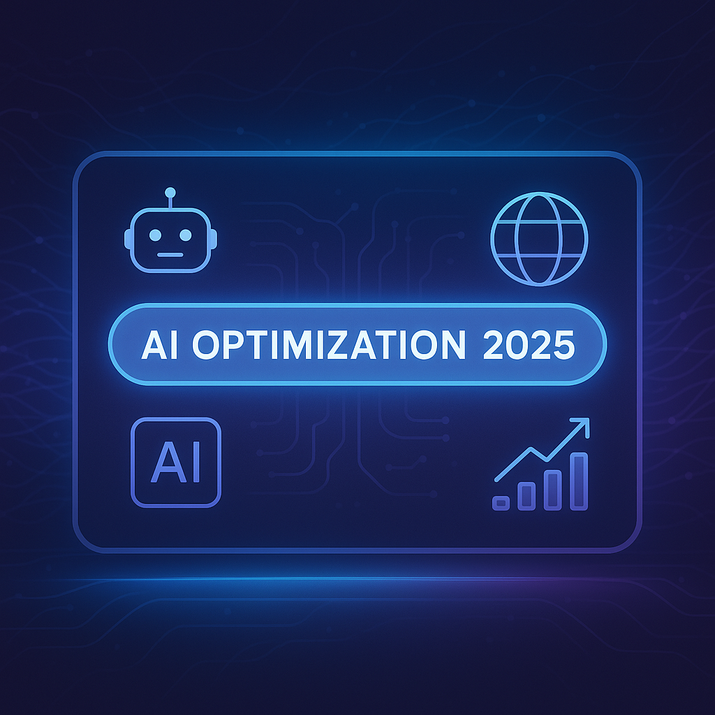 Futuristic digital dashboard with AI icons and a glowing search bar labeled "AI Optimization 2025" on a dark neural network background.