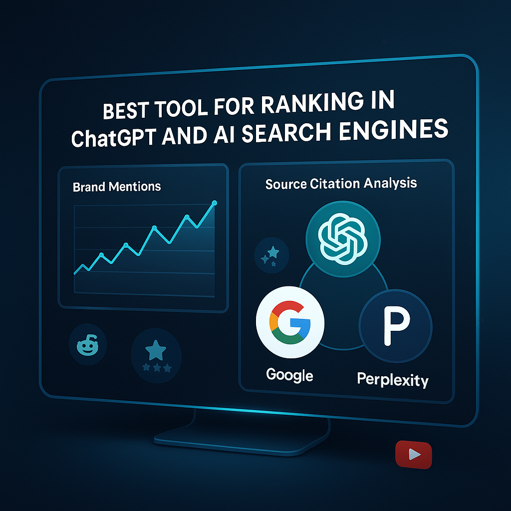 A digital dashboard showing brand mention graphs and source citation analysis with icons for ChatGPT, Google, Perplexity, Reddit, and YouTube on a glowing tech-blue background.