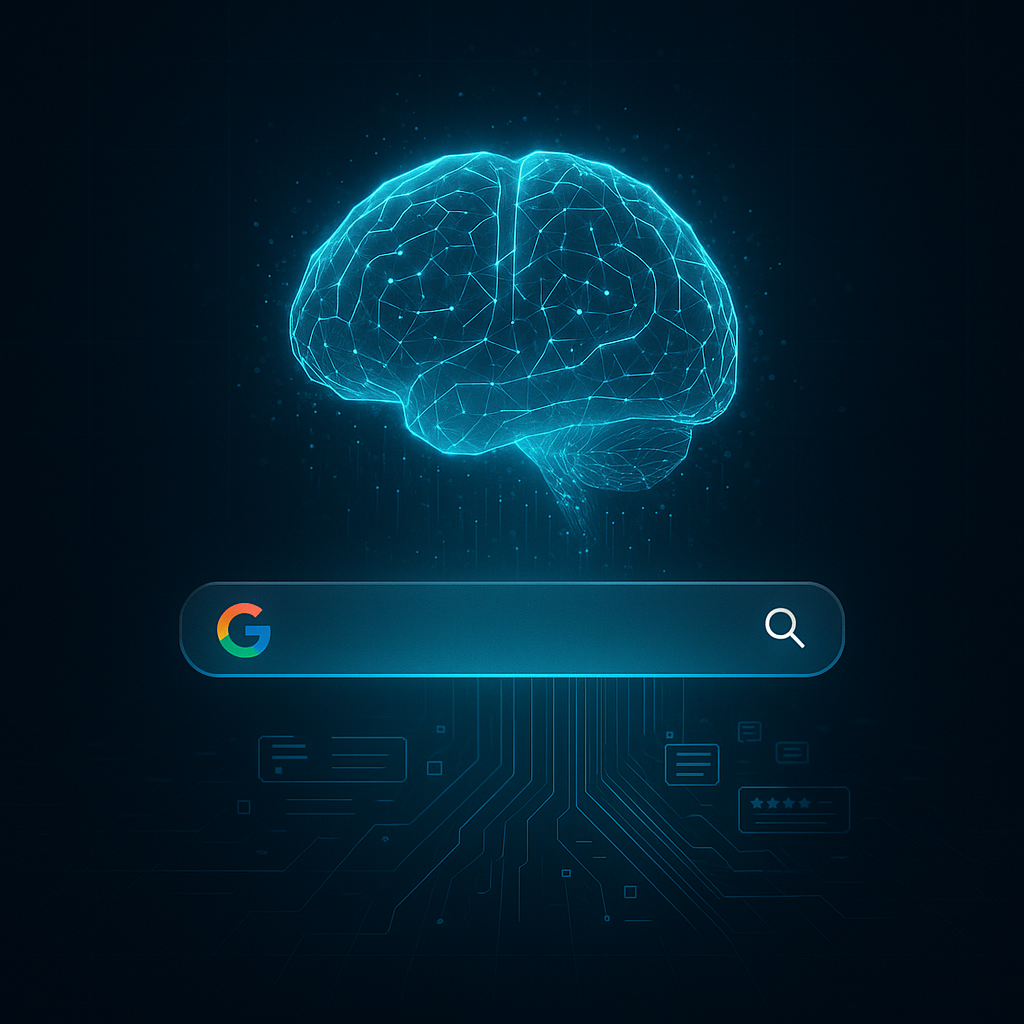 A glowing digital AI brain hovering above a fading Google search bar with a dark, tech-themed background.