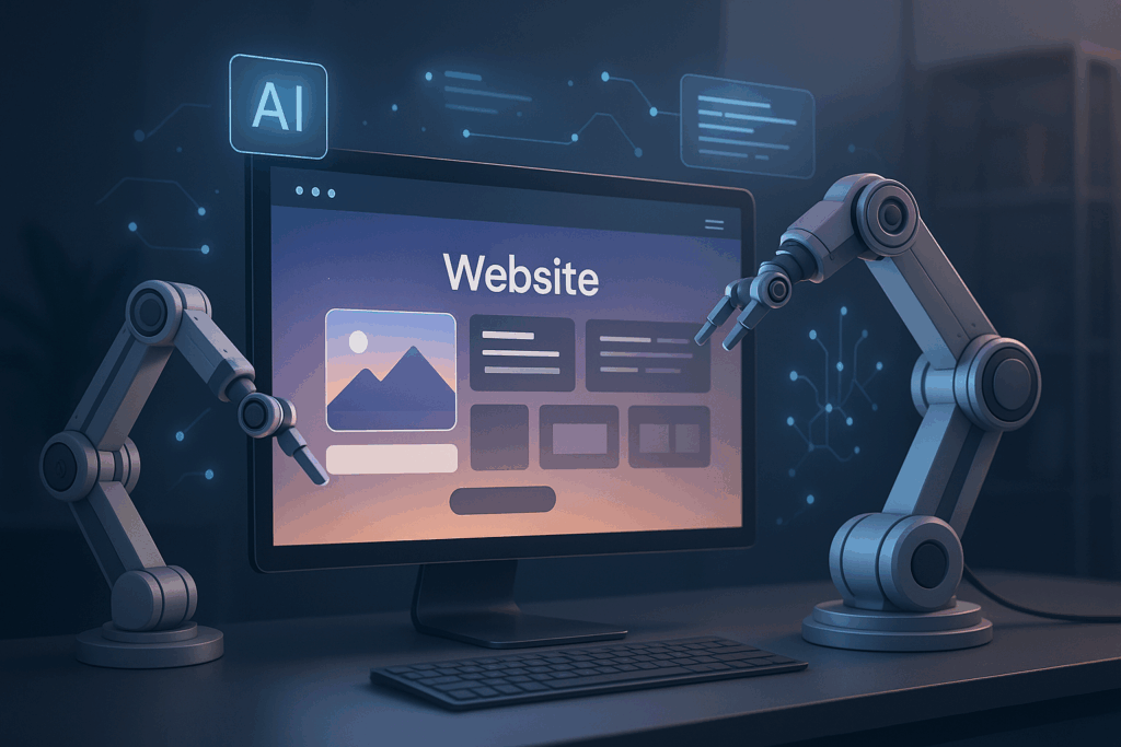 Robotic arms designing a website on a futuristic computer screen in a modern workspace with AI interface elements.