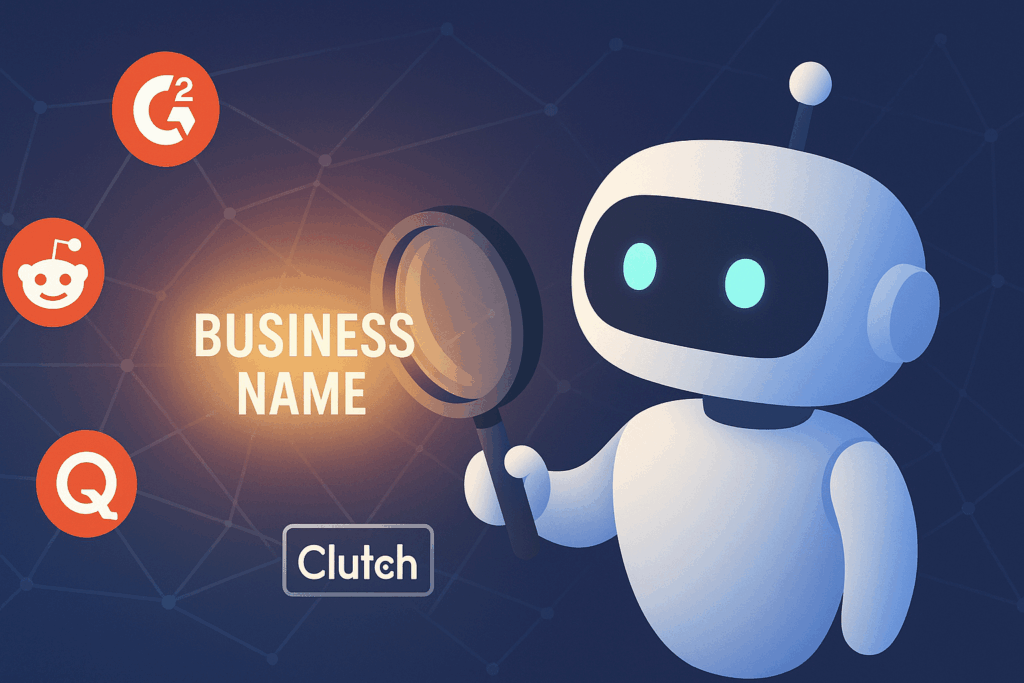 A chatbot with glowing eyes examines the words “Business Name” through a magnifying glass, surrounded by logos of Reddit, Quora, G2, and Clutch on a networked digital background.