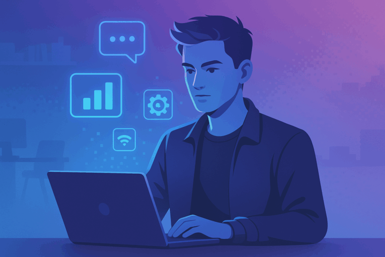 Illustration of a Gen Z digital marketer working on a laptop, surrounded by glowing AI icons, with a pixelated office background fading away.
