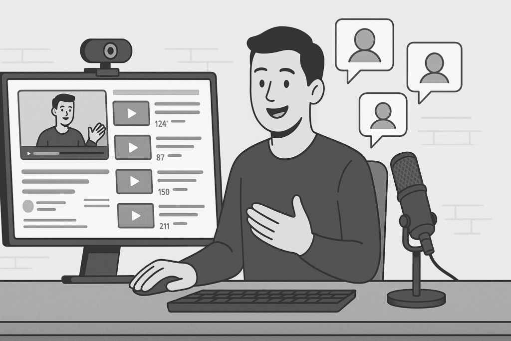 Person creating video content at a desk with a webcam and microphone, modest video views on screen, and viewer engagement icons in the background.