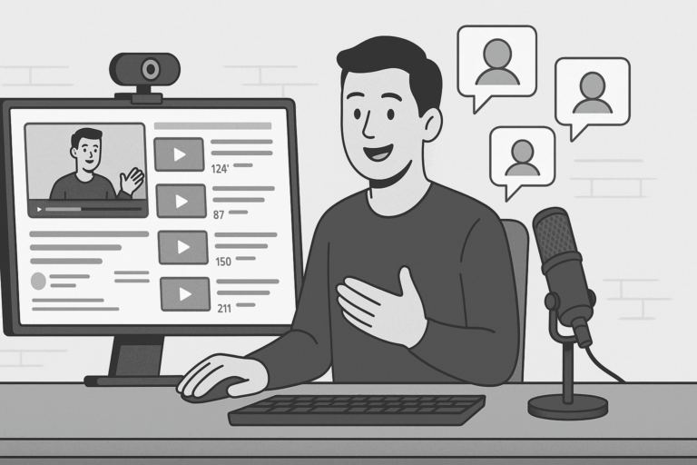 Person creating video content at a desk with a webcam and microphone, modest video views on screen, and viewer engagement icons in the background.