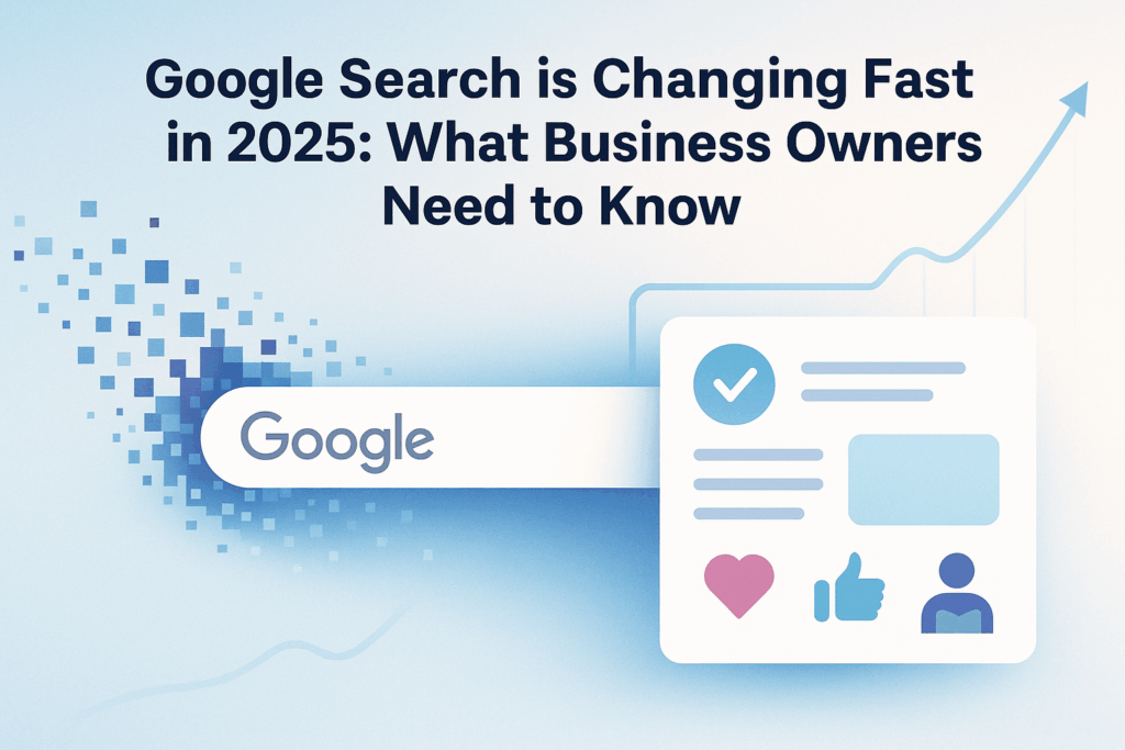 Illustrated search bar transforming into a quality content card with trust and engagement icons, symbolizing changes in Google Search rankings in 2025.