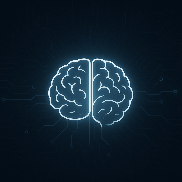 Glowing white brain surrounded by digital neural pathways on a dark blue circuit-like background.