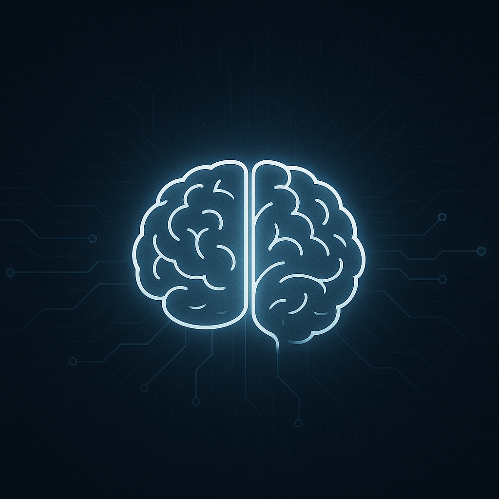Glowing white brain surrounded by digital neural pathways on a dark blue circuit-like background.