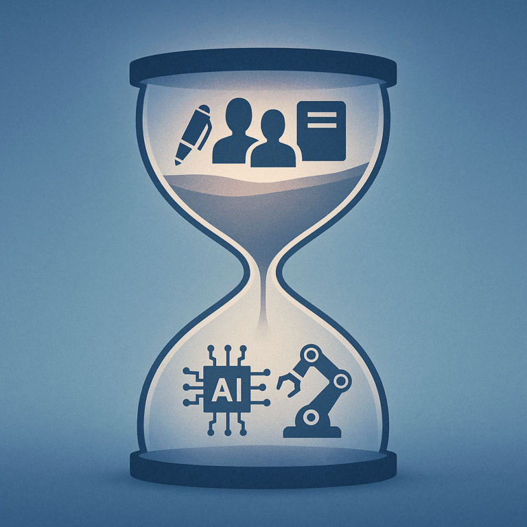 Hourglass with human content icons at the top and AI technology icons at the bottom, symbolizing a shift in content creation.